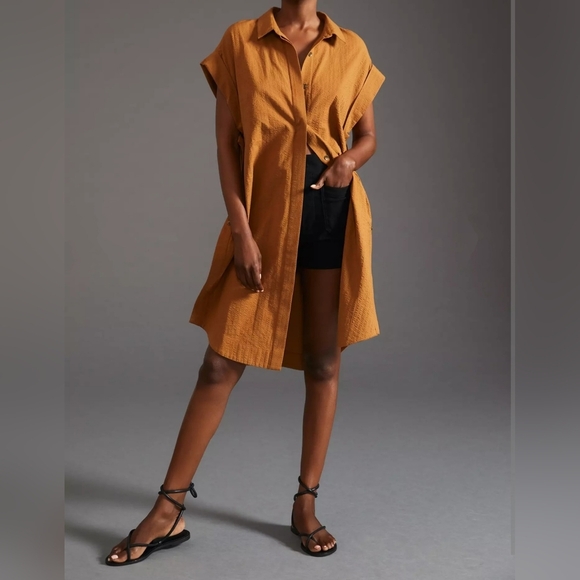 Maeve Tops - Maeve x Anthropologie Oversized Side-Slit Relaxed Tunic in Light Brown, XS